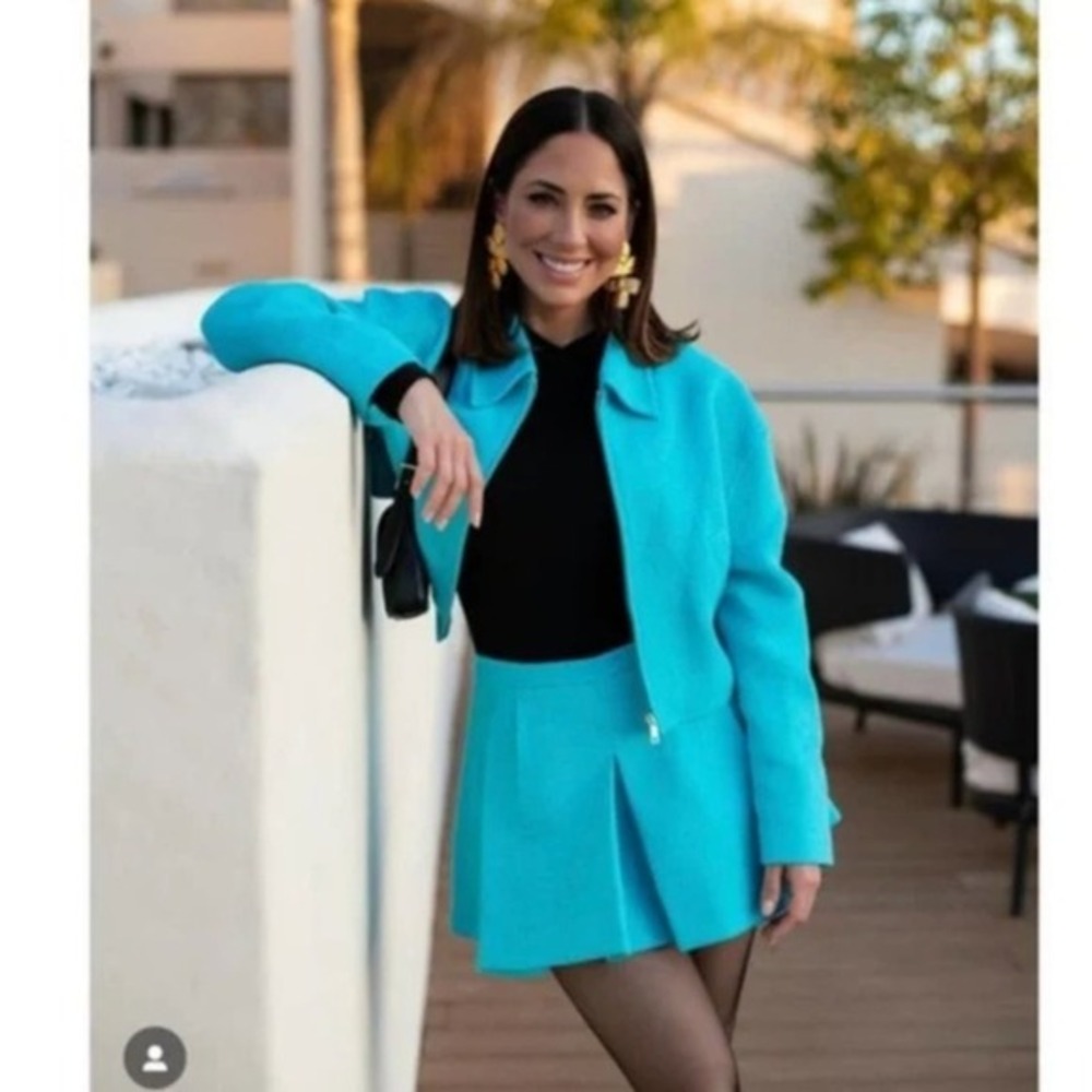 Zara jacket women's small bomber blazer turquoise blue‎ tweed textured NWT - Picture 2 of 14